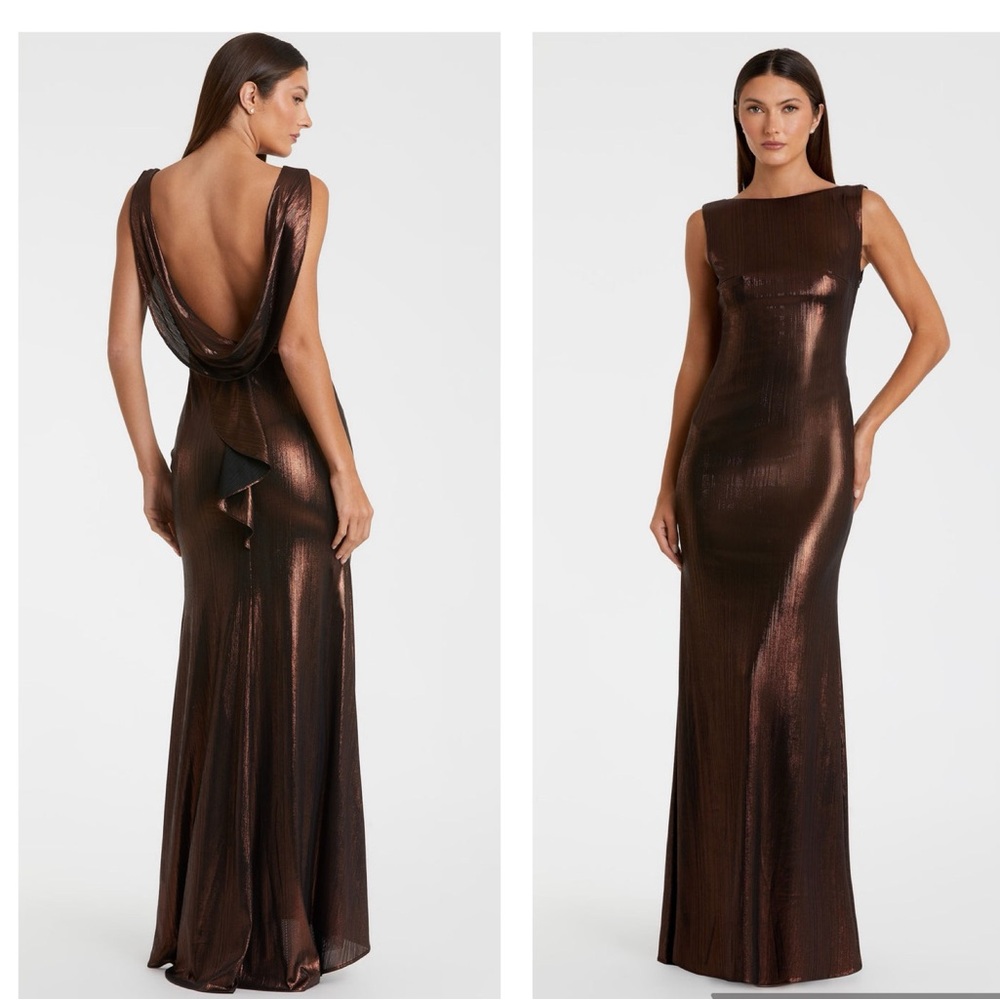 Mac Duggal Brown Metallic Jersey Cowl Back Column Gown
